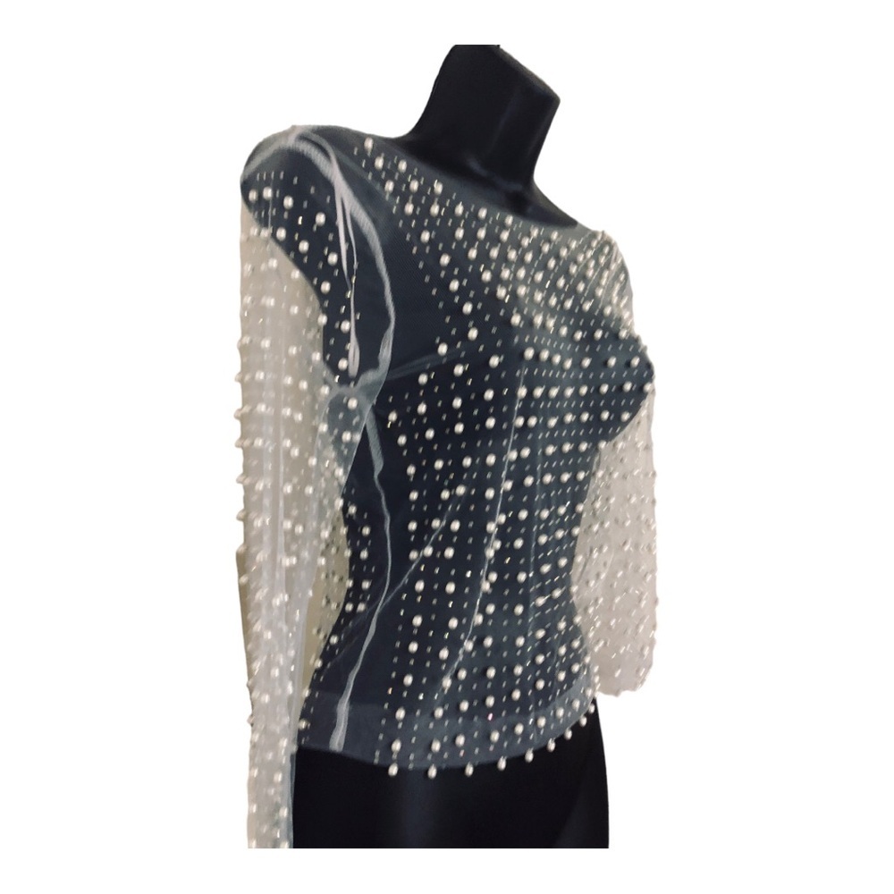 Cream Pearl Beaded rhinestone crystal sheer mesh long sleeve top size size Small